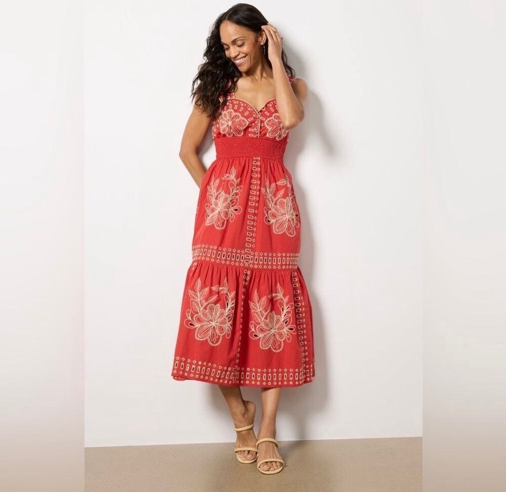 Rails Fawn Red Embroidered Midi Dress Size Medium
